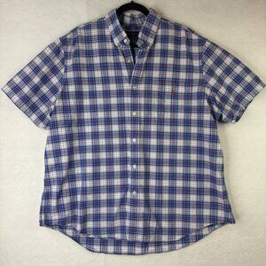 Ralph Lauren Mens Sz XXL Plaid Short Sleeve Button Up Blue Shirt 100% Cotton